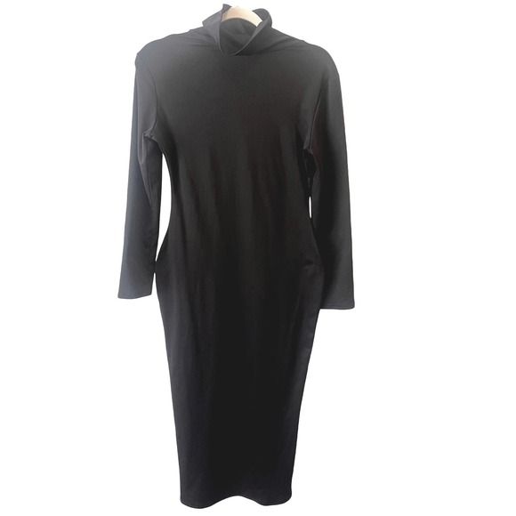 Black Long Sleeve Funnel Neck Midi Dress Medium Bodycon Goth Grunge Halloween - Picture 1 of 9